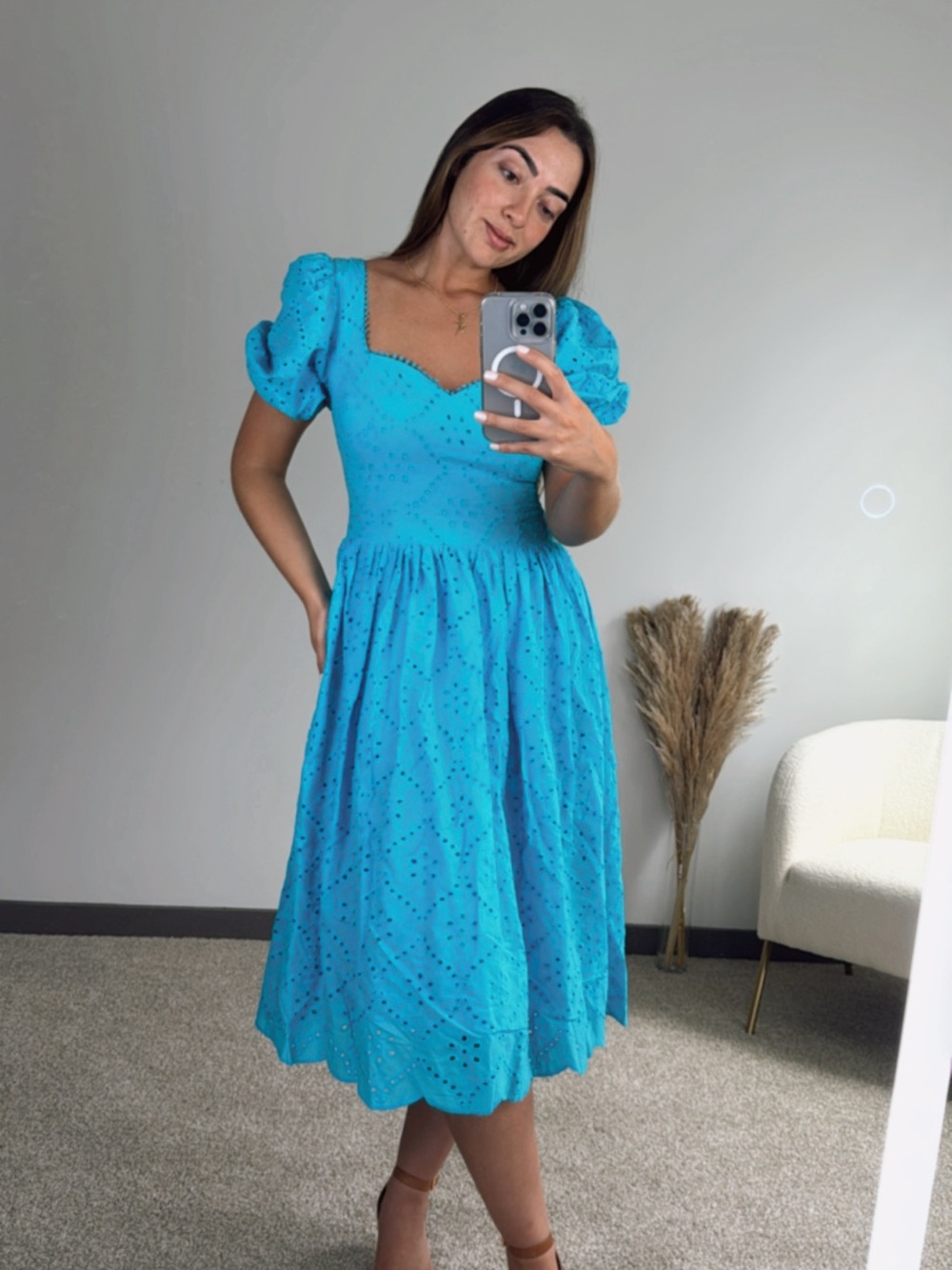 Turquoise Eyelet Puff-Sleeve Midi Dress